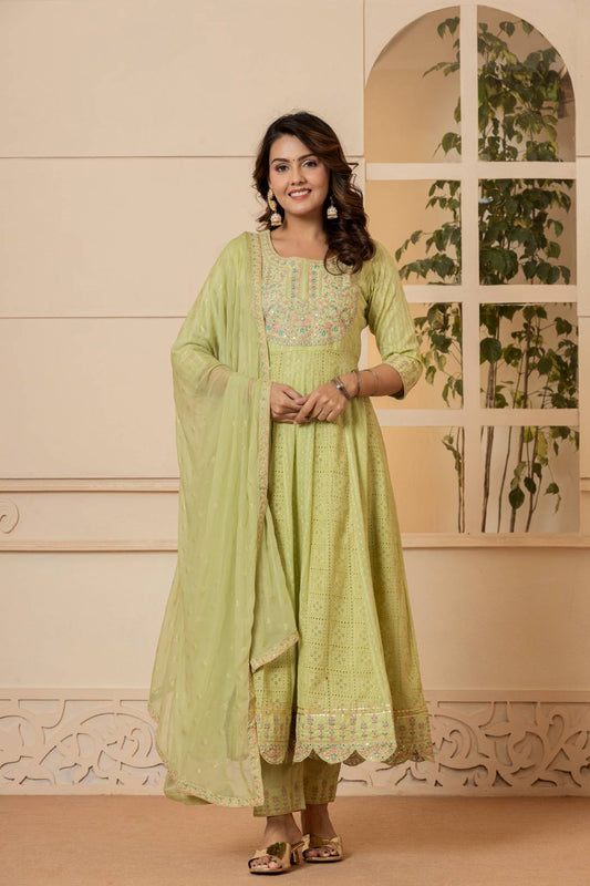 Dhiyona VR Women's Lime Green Mirror And Thread Embroidered,Gotta Embellished Scalloped Schiffli Anarkali Kurta Paired Wirh Printed Bottom And Embroidered Dupatta