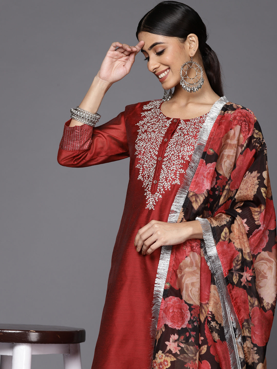 Dhiyona VR Women's Red Embroidered Kurta With Tonal Trouser And Printed Dupattta