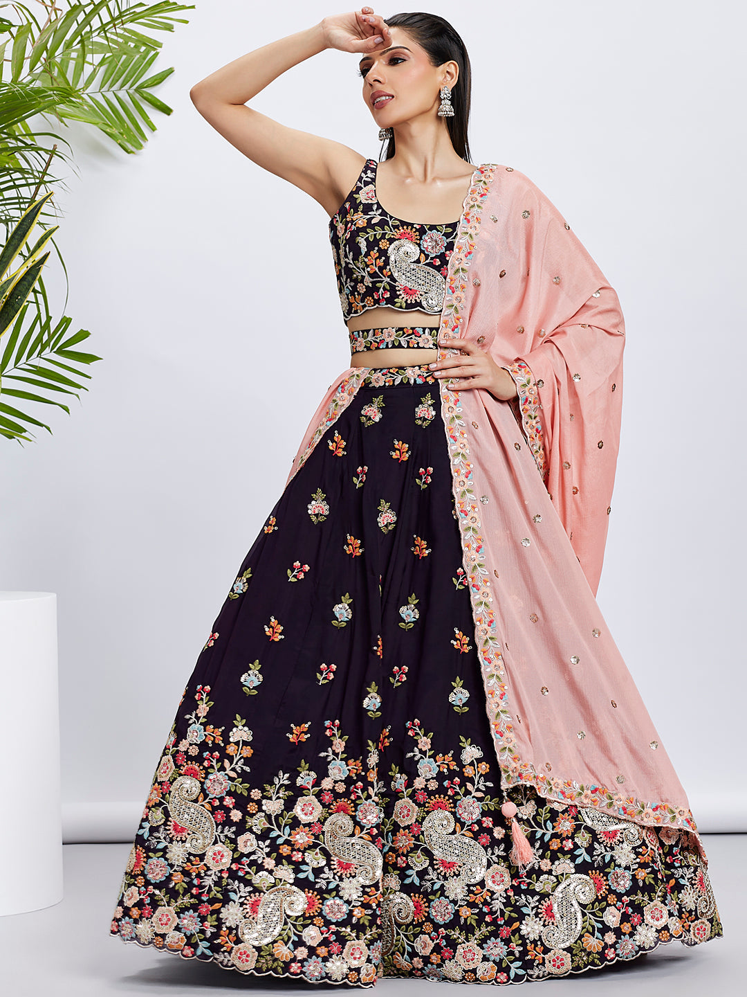 Women Magenta Organza Sequins and thread embroidery Lehenga choli & Dupatta