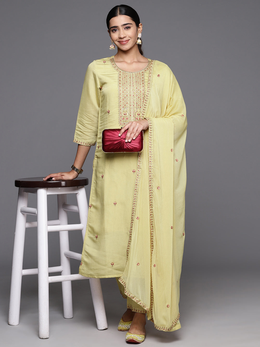 Dhiyona VR Women's Beige Embroidered Straight Kurta Paired With Tonal Embroidered Bottom And Embroidered Dupatta
