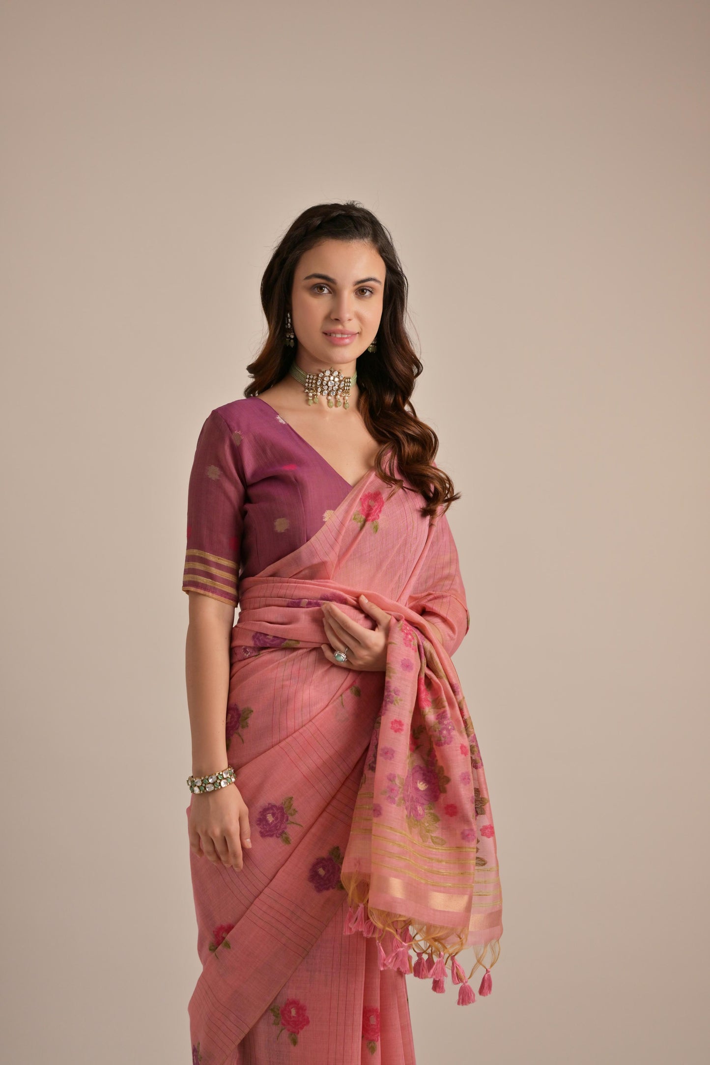 Dhiyona GR Women's Arisaa Pink Muga Cotton Saree