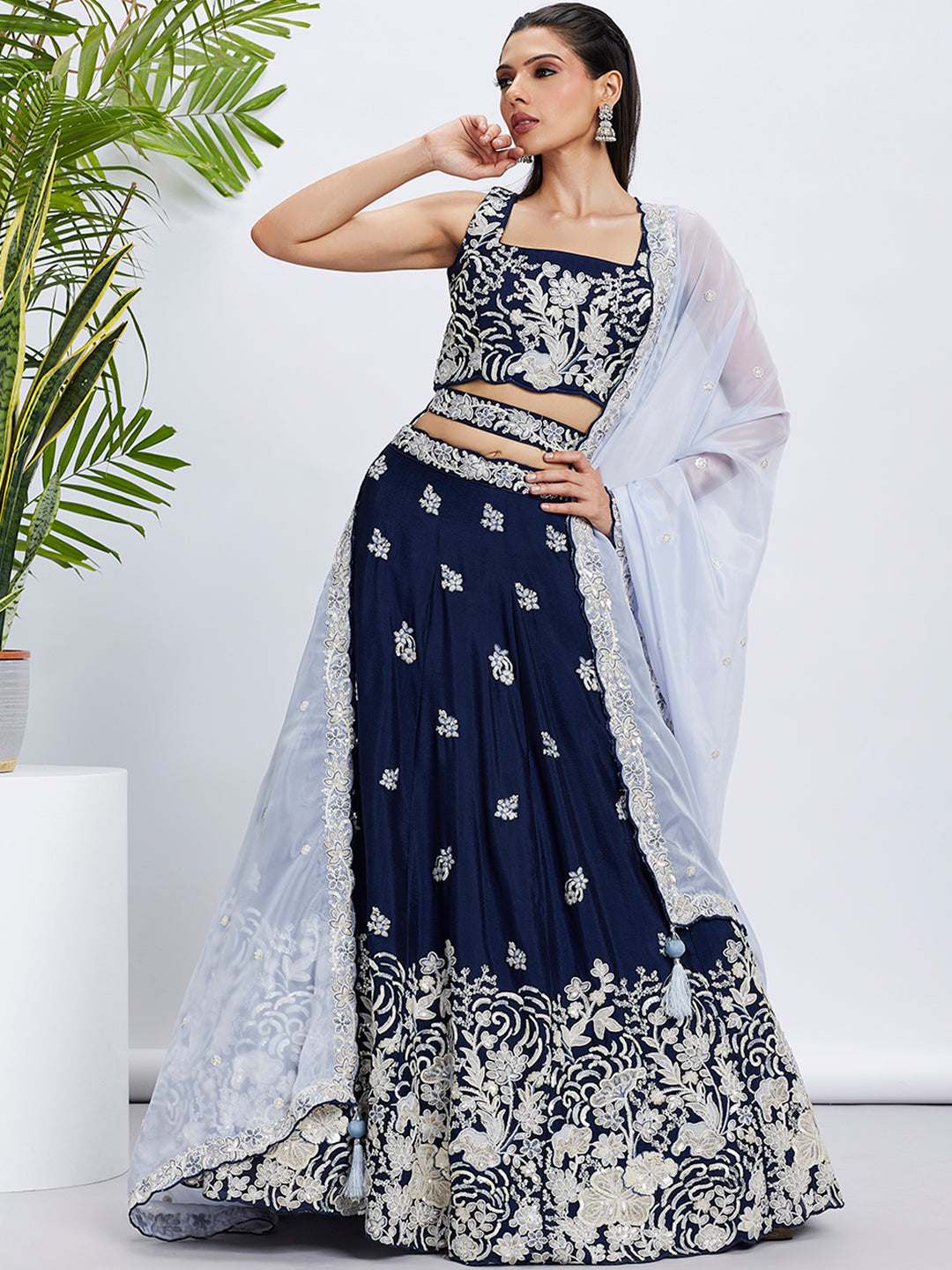 Women Navy blue Pure Georgette Sequins and thread embroidery Lehenga choli & Dupatta