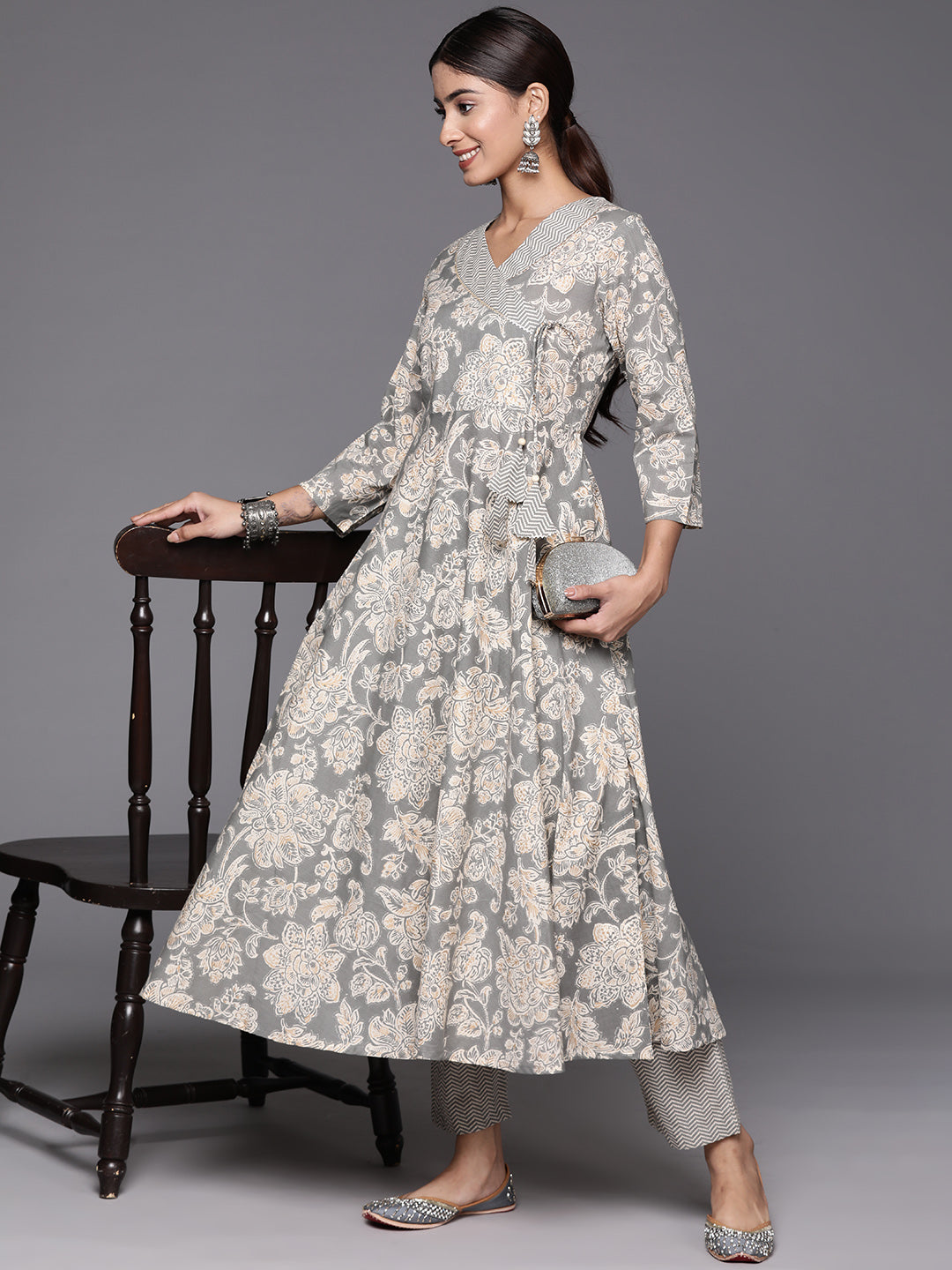 Dhiyona VR Women's Grey Floral Printed Angrakha Style Anarkali Kurta Paired With Printed Bottom
