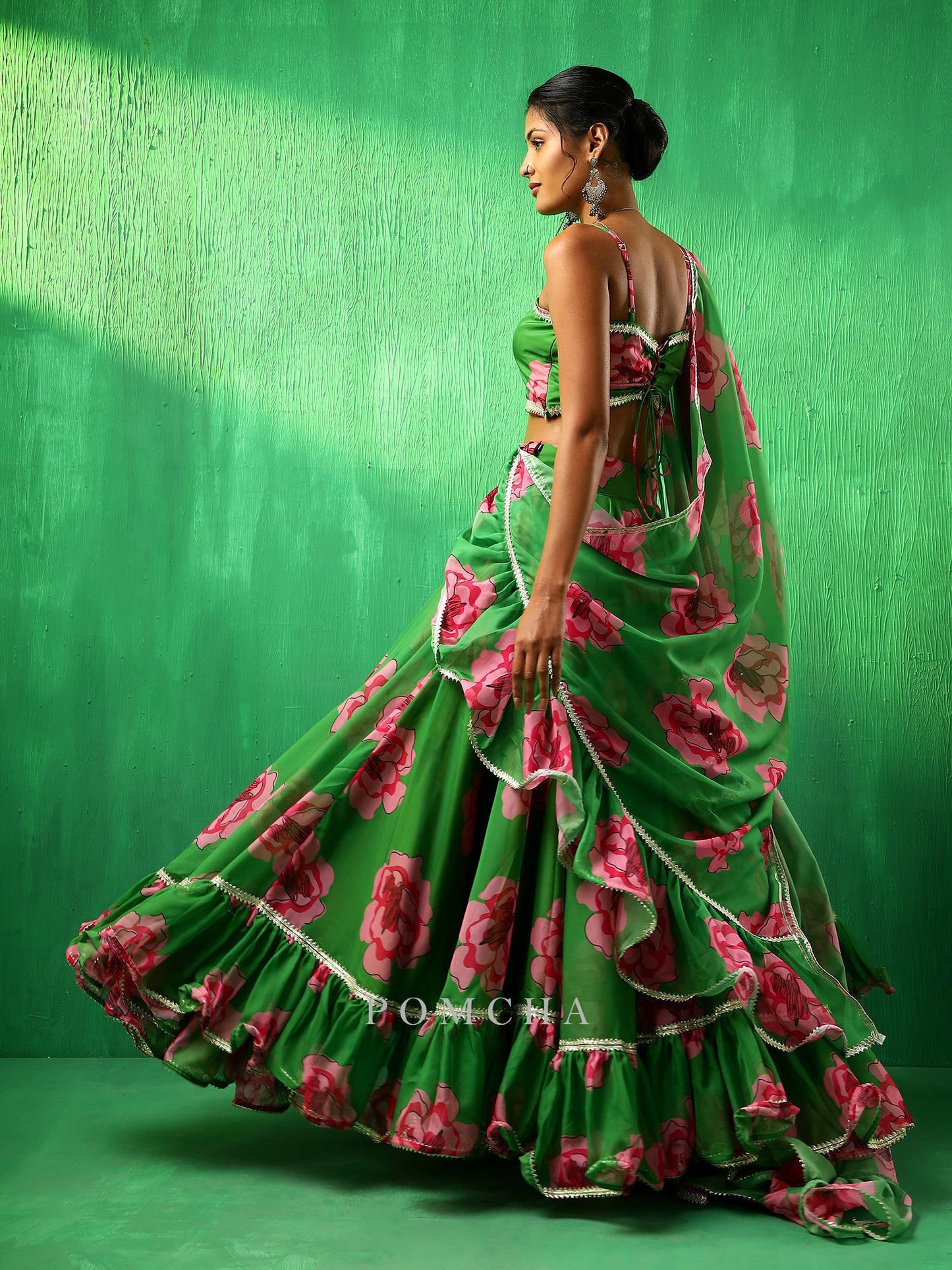 Adaa Green Carnation Organza Frill Lehenga With Organza Dupatta Set
