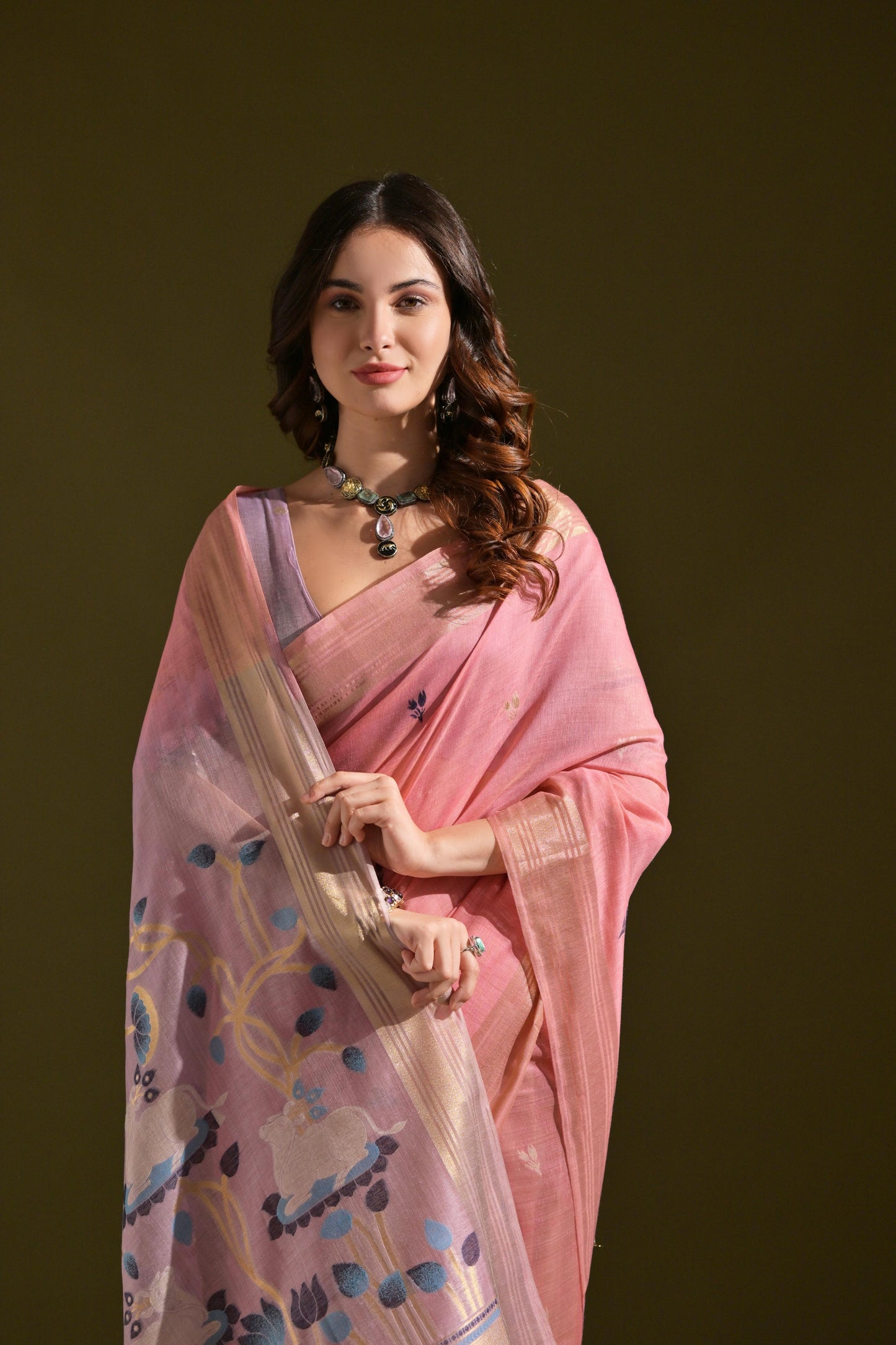 Dhiyona GR Women's Siara Pink Muga Cotton Saree