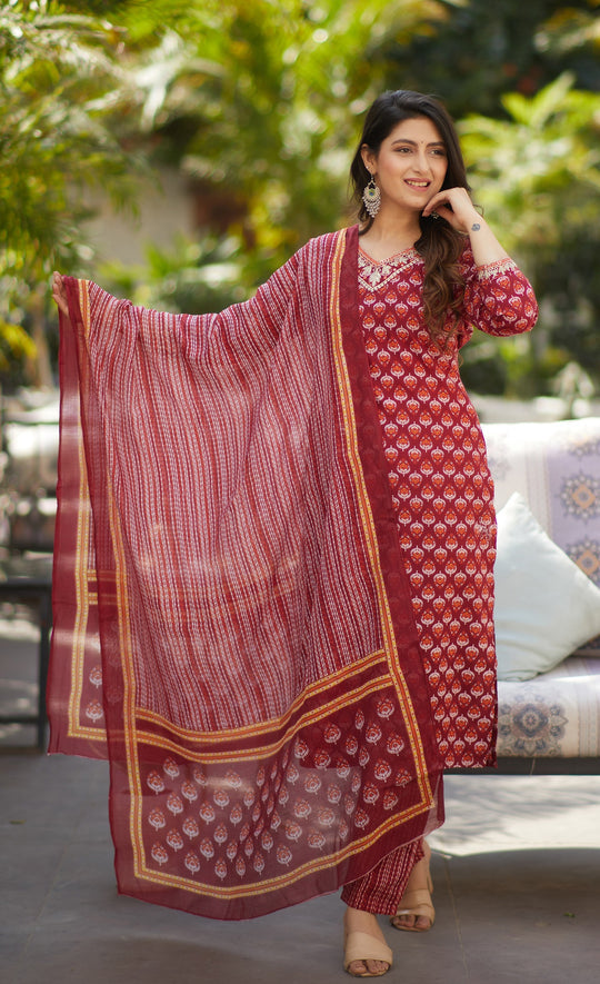 Women Maroon Printed Pure Cotton Kurta, Pant And Dupatta Set
