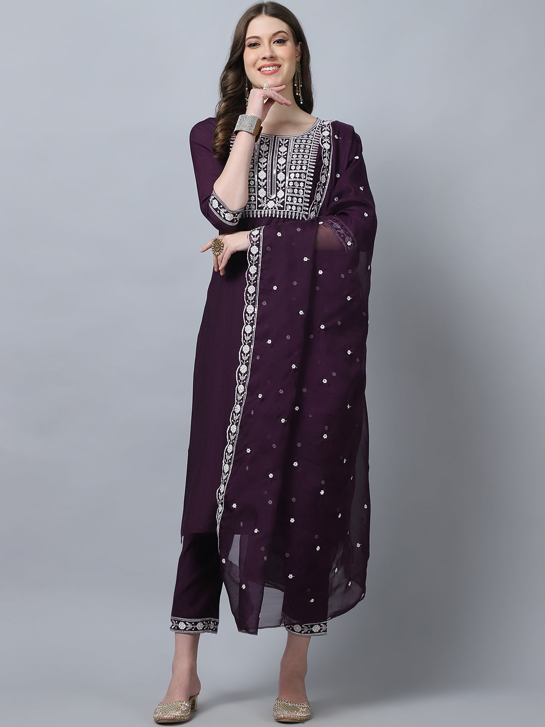 Women's Wine Embroidery silk Kurta, Pant And Dupatta Set