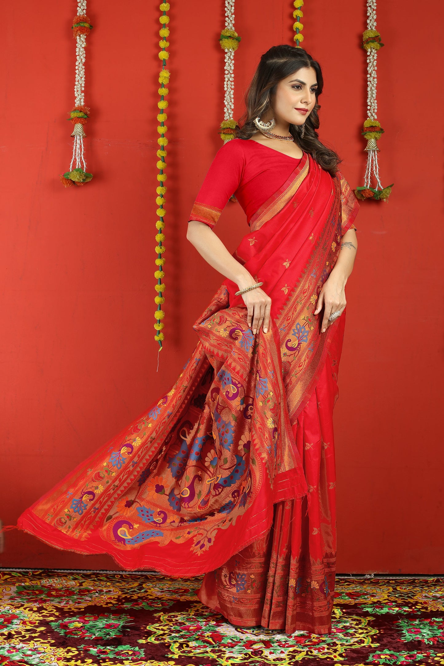 Dhiyona GR Women's Fancy Mor Red Zari Paithani Silk Saree