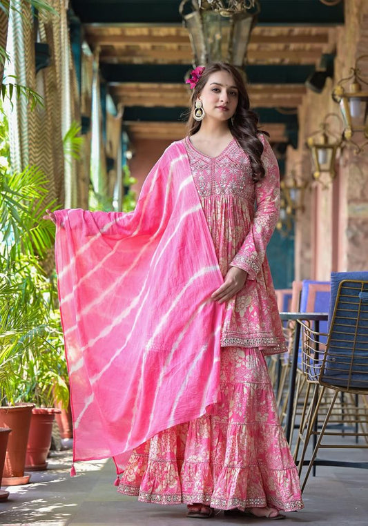 Dhiyona VR Women's Pink Floral Printed Mirror Work Anarkali Kurta With Sharara And Dupatta