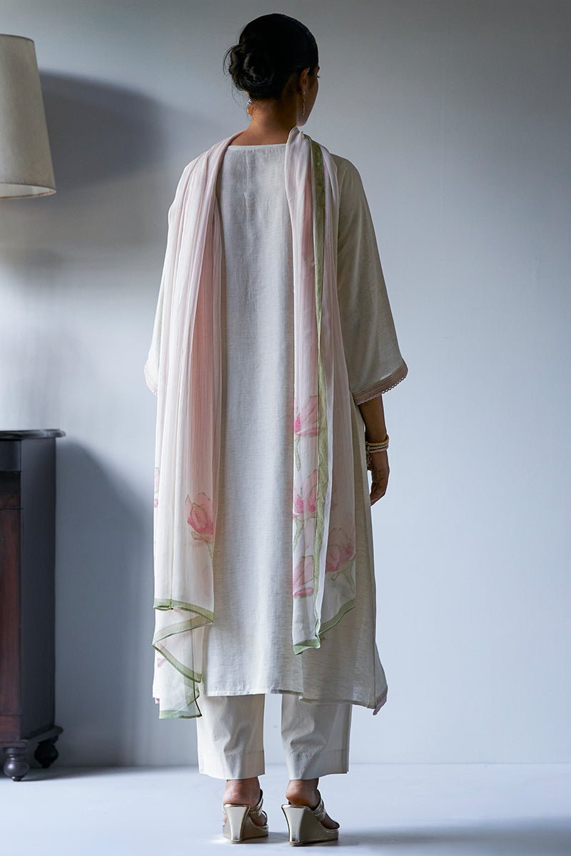 Women's Cream and Beige Woven Kurta Suit Set With Chiffon Printed Dupatta