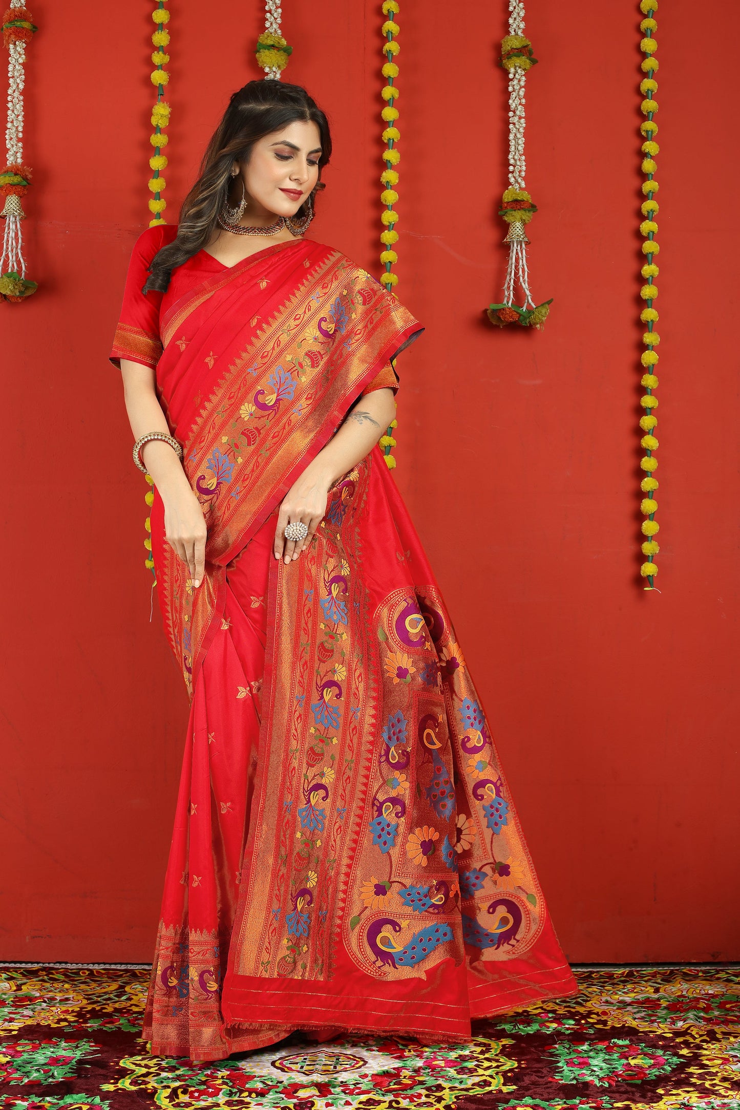 Dhiyona GR Women's Fancy Mor Red Zari Paithani Silk Saree