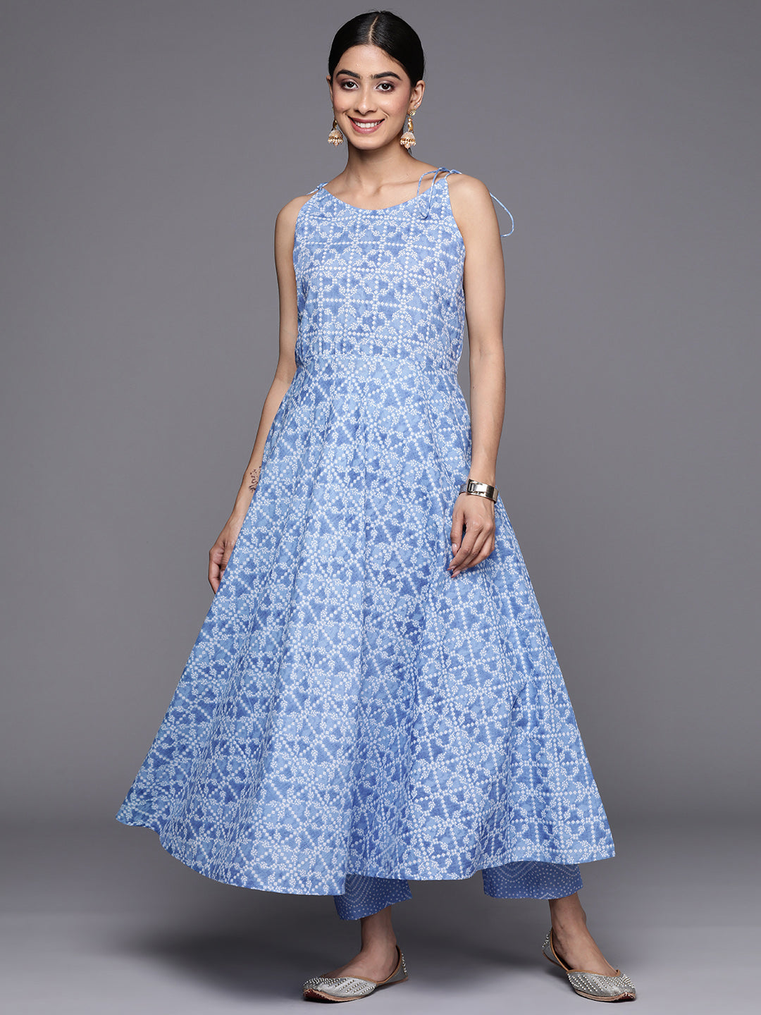 Dhiyona VR Women's Blue Bandhani Printed Kurta Spaghetti Strap With Drawstring Paired With Tonal Printed Bottom
