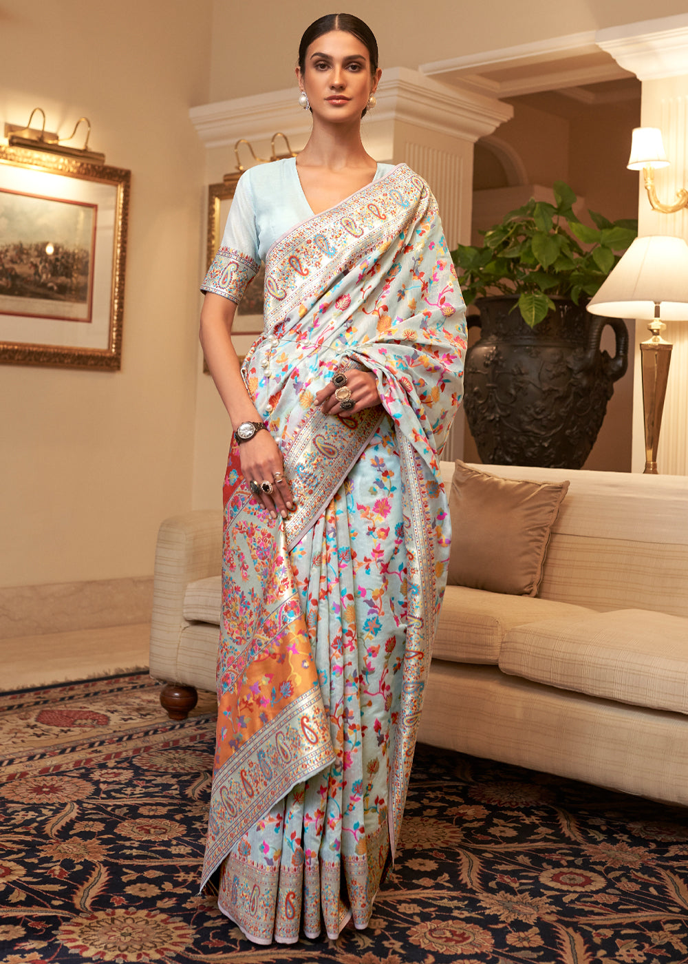 Dhiyona GR Women's Kalista Ice Sky Woven Jamewar Kashmiri Banarasi Saree