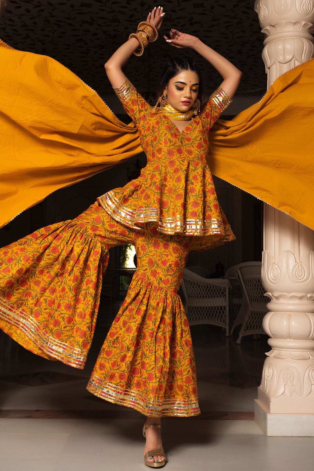 Darpan Mustard Yellow Hand Block Cotton Sharara Set