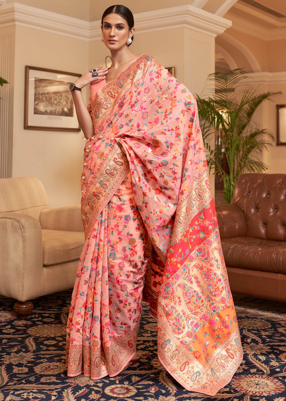 Dhiyona GR Women's Kalista Peachy Pink Woven Jamewar Kashmiri Banarasi Saree