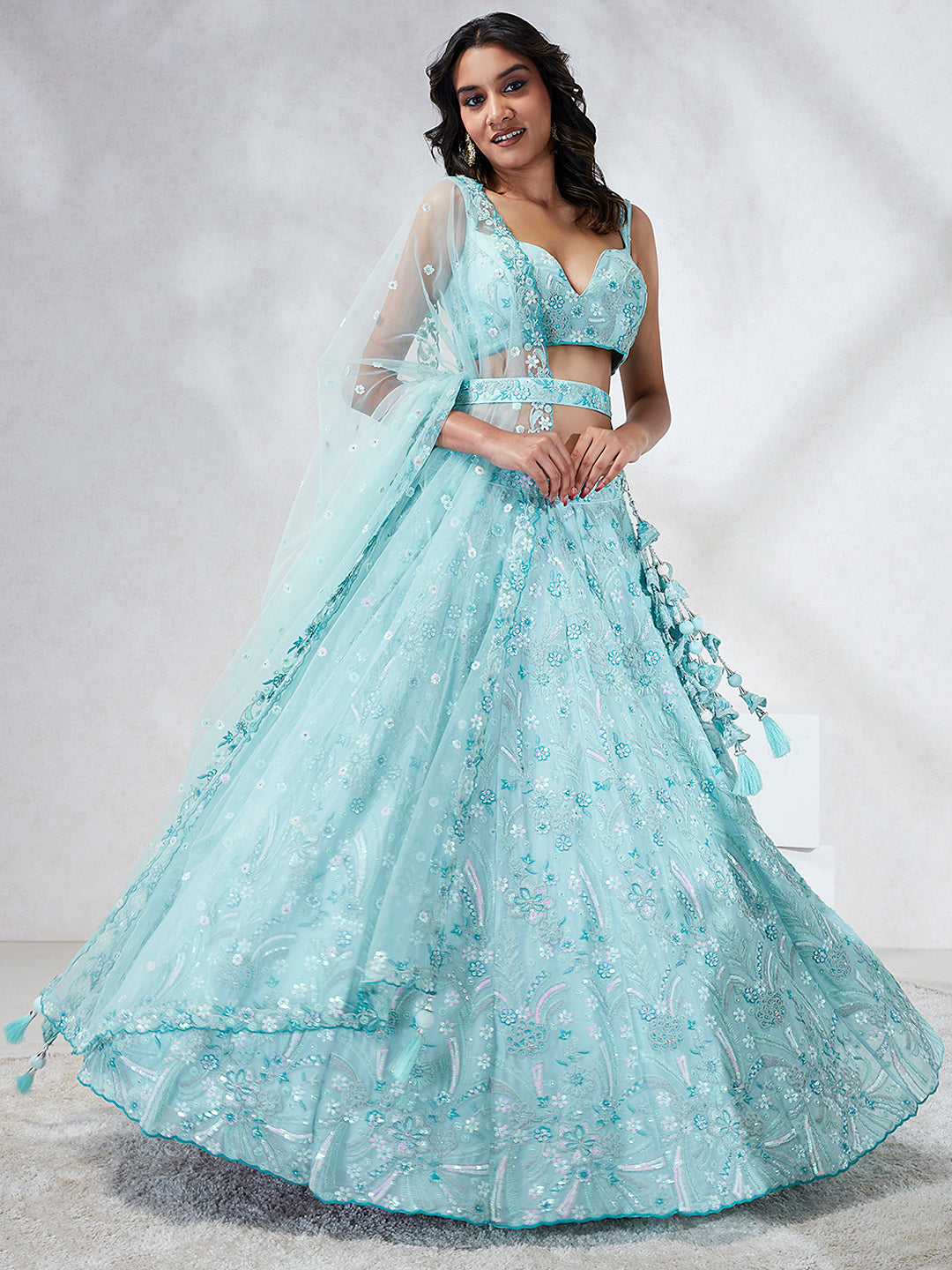 Women Turquoise Blue Georgette Sequins and thread embroidery Lehenga choli & Dupatta