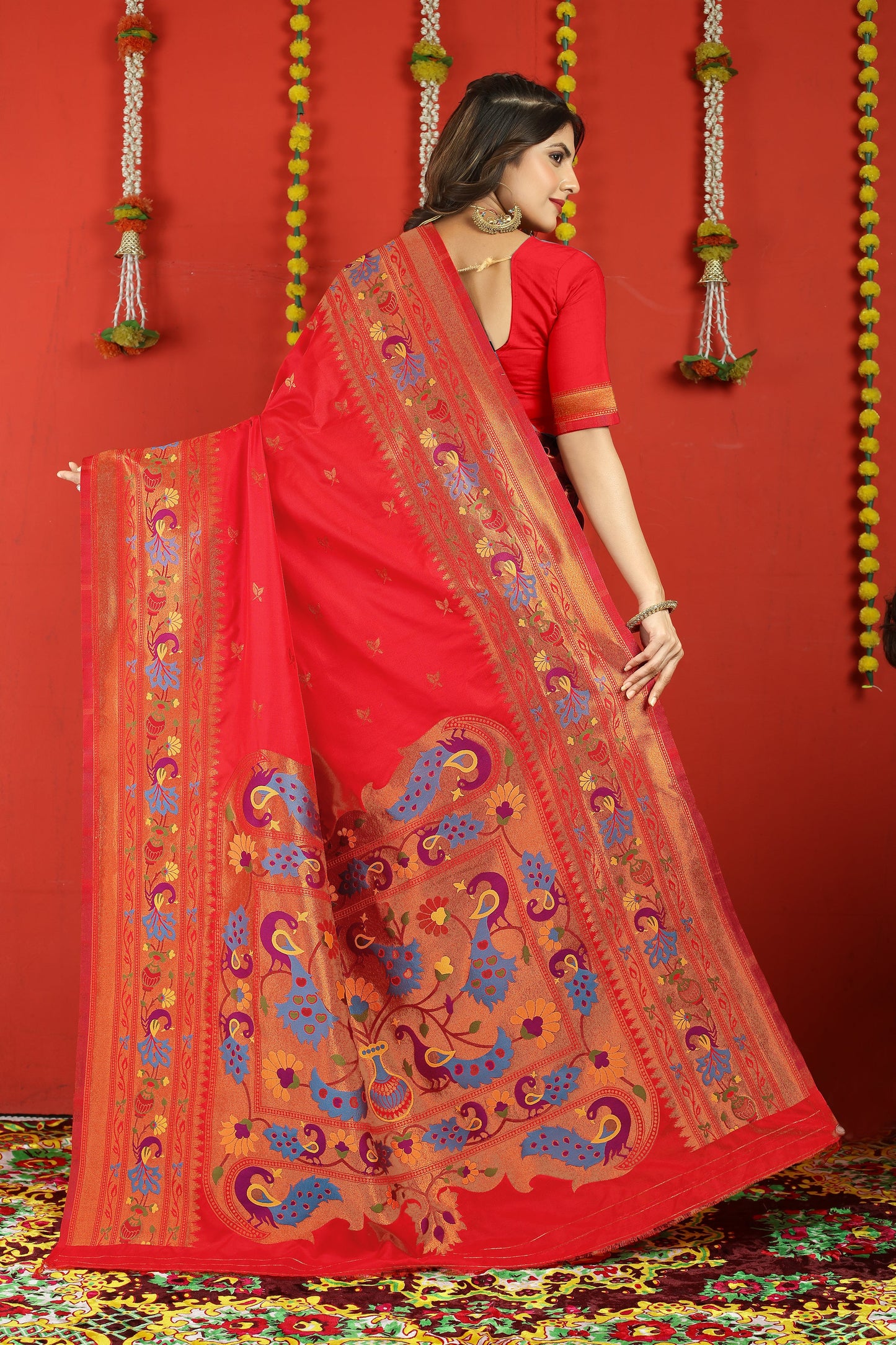 Dhiyona GR Women's Fancy Mor Red Zari Paithani Silk Saree