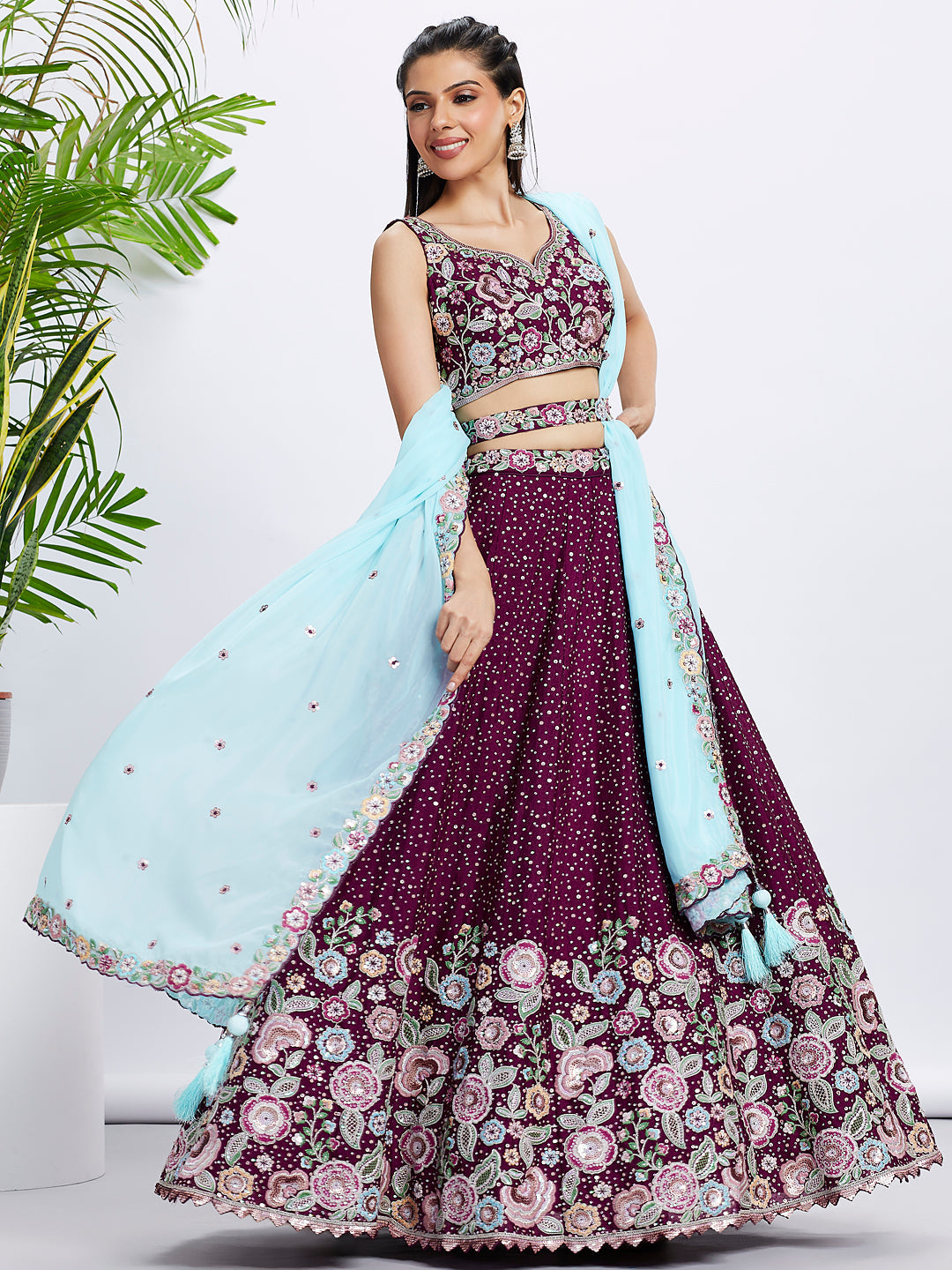 Women Burgundy Pure Chiffon Sequins and thread embroidery Lehenga choli & Dupatta