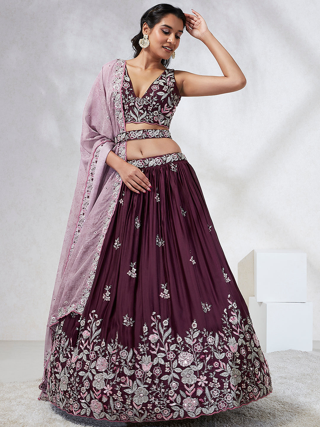 Women Burgundy Pure Georgette Sequins and thread embroidery Lehenga choli & Dupatta