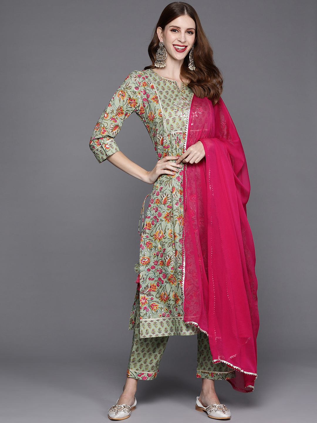 Dhiyona VR Women's Floral Printed Embroidered Kurta With Straight Pant And Chiffon Dupatta