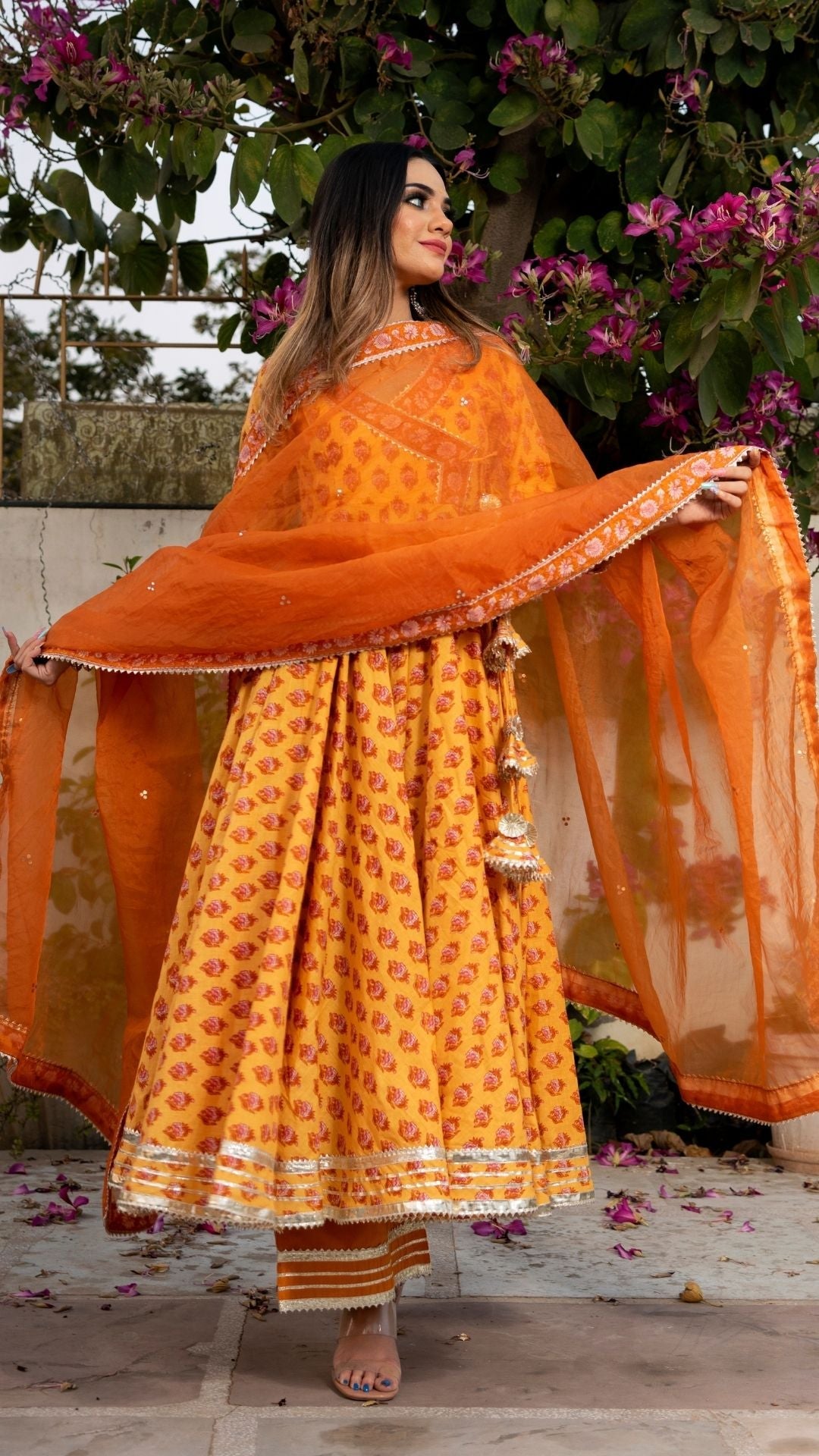 Mehar Light Brown Hand Block Angrakha Set
