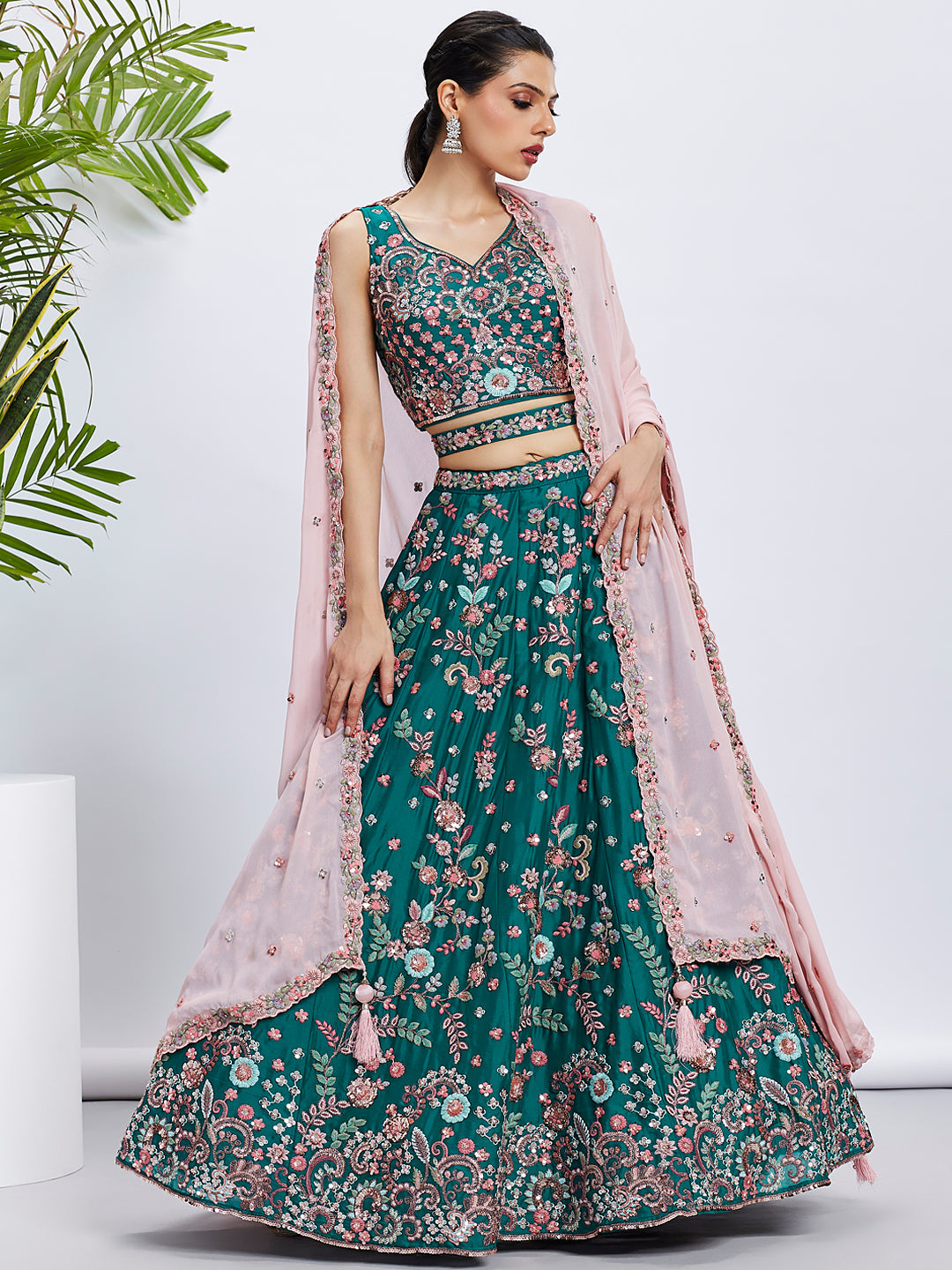 Women Green Pure Georgette Sequins and thread embroidery Lehenga choli & Dupatta