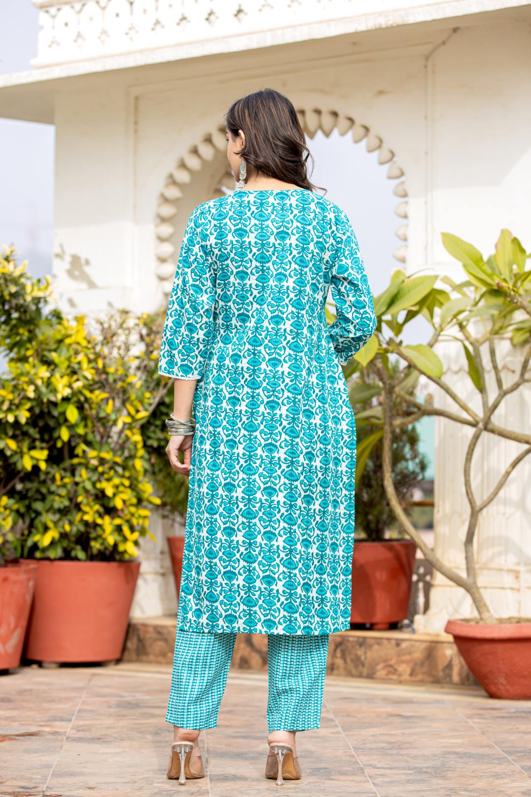 Dhiyona VR Women's Blue Printed Round Neck Yoke Embroidered Kurta Paired With Bottom And Dupatta
