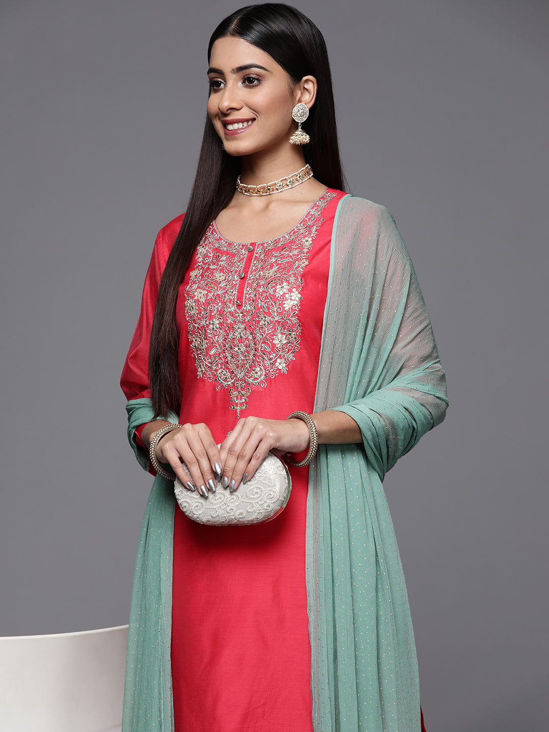 Dhiyona VR Women's Pink Embroidered Kurta Paired With Straight Tonal Bottom And Contrast Dupatta