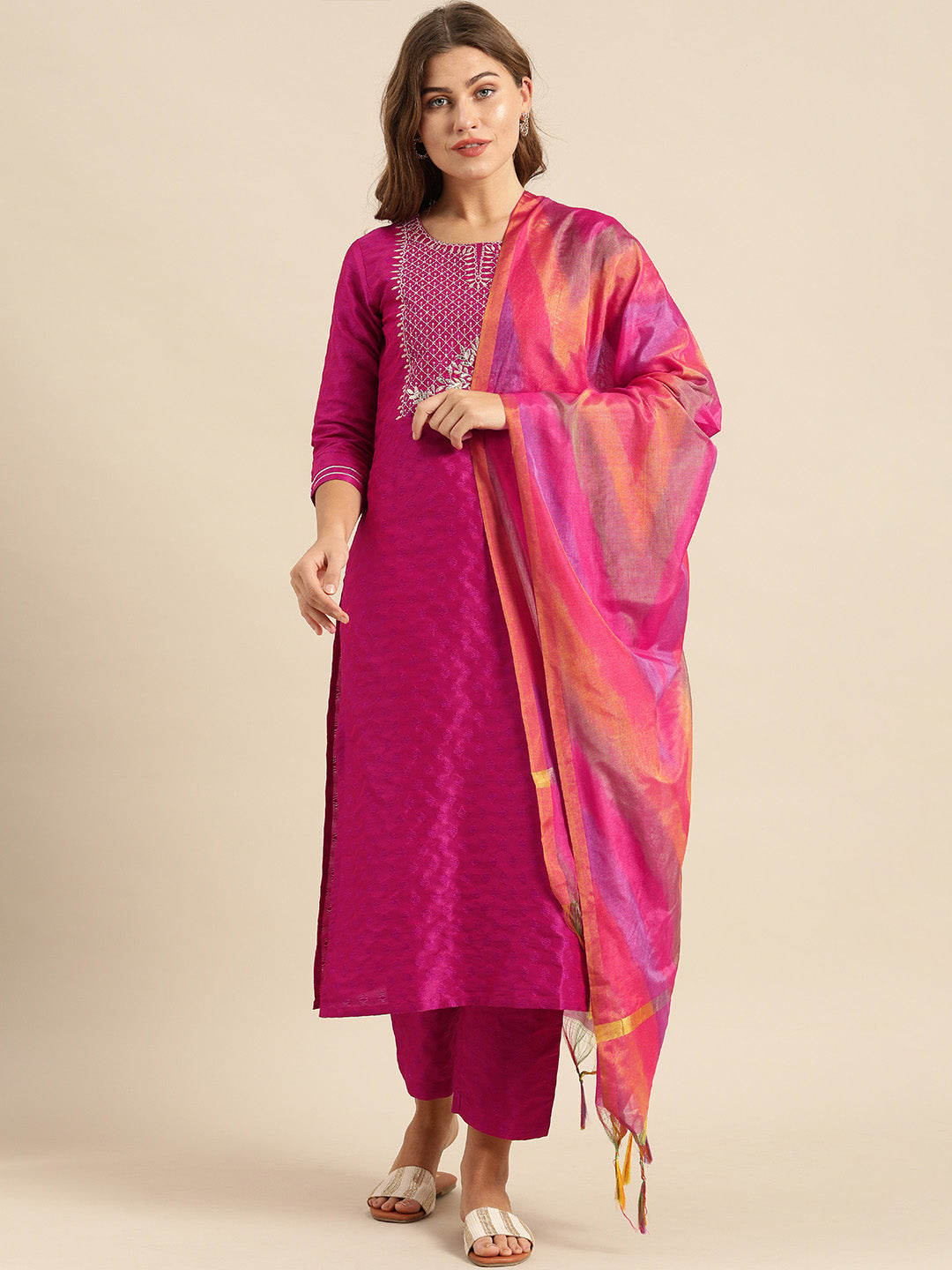 Dhiyona VR Women's Magenta Zari And Gota Patti Embroidery Kurta With Trouser With Multi Color Silk Dupatta