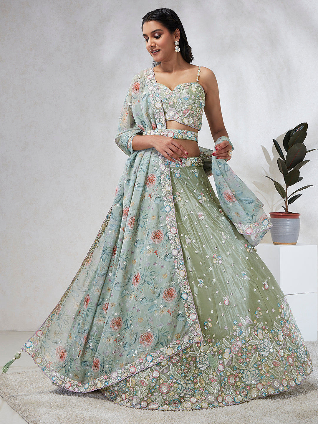 Women Lime green Chiffon Sequins and thread embroidery Lehenga choli & Dupatta