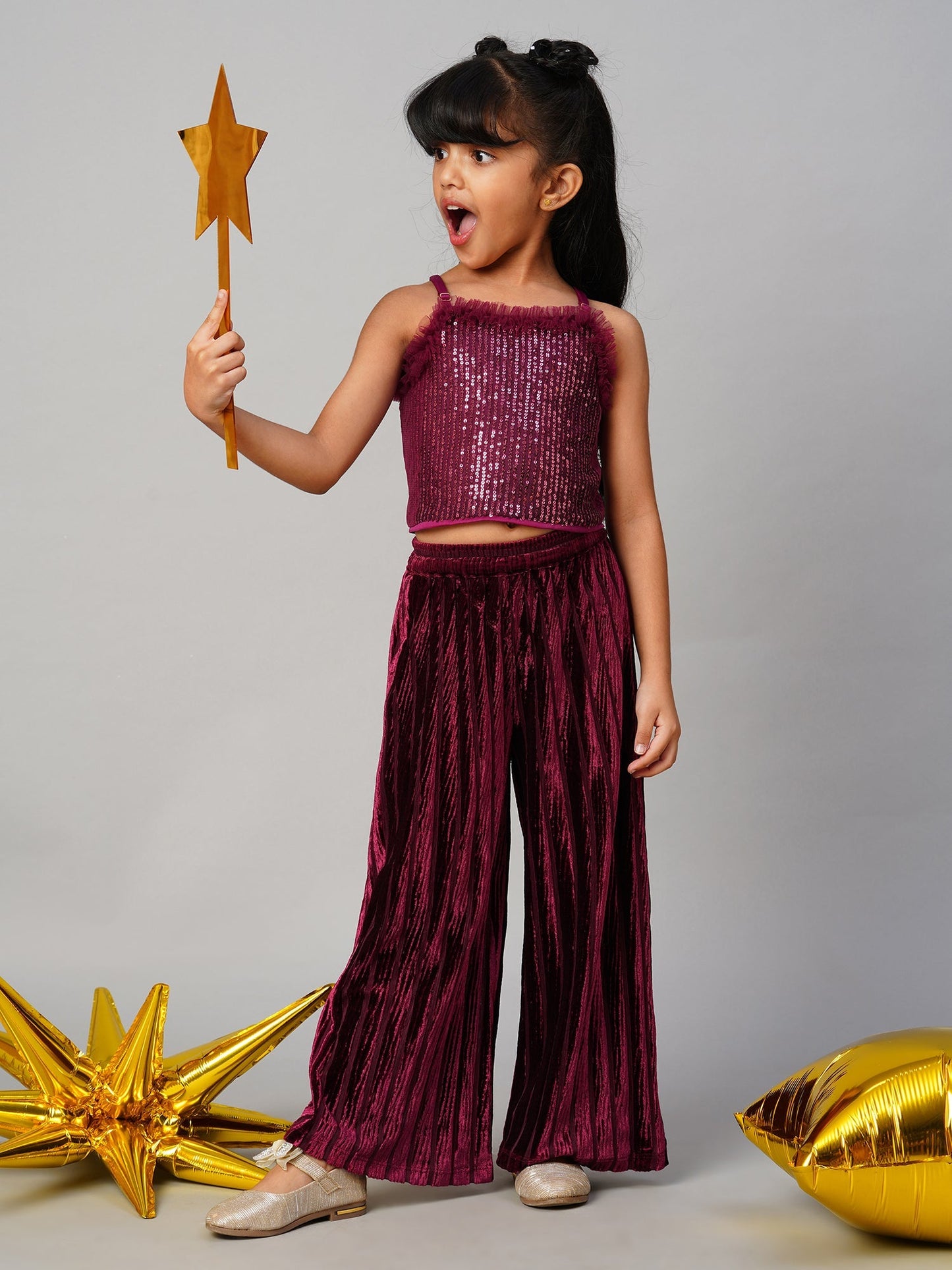 Glam up Girls Maroon Pant with sequins Top Party Girls Co-ordinate set