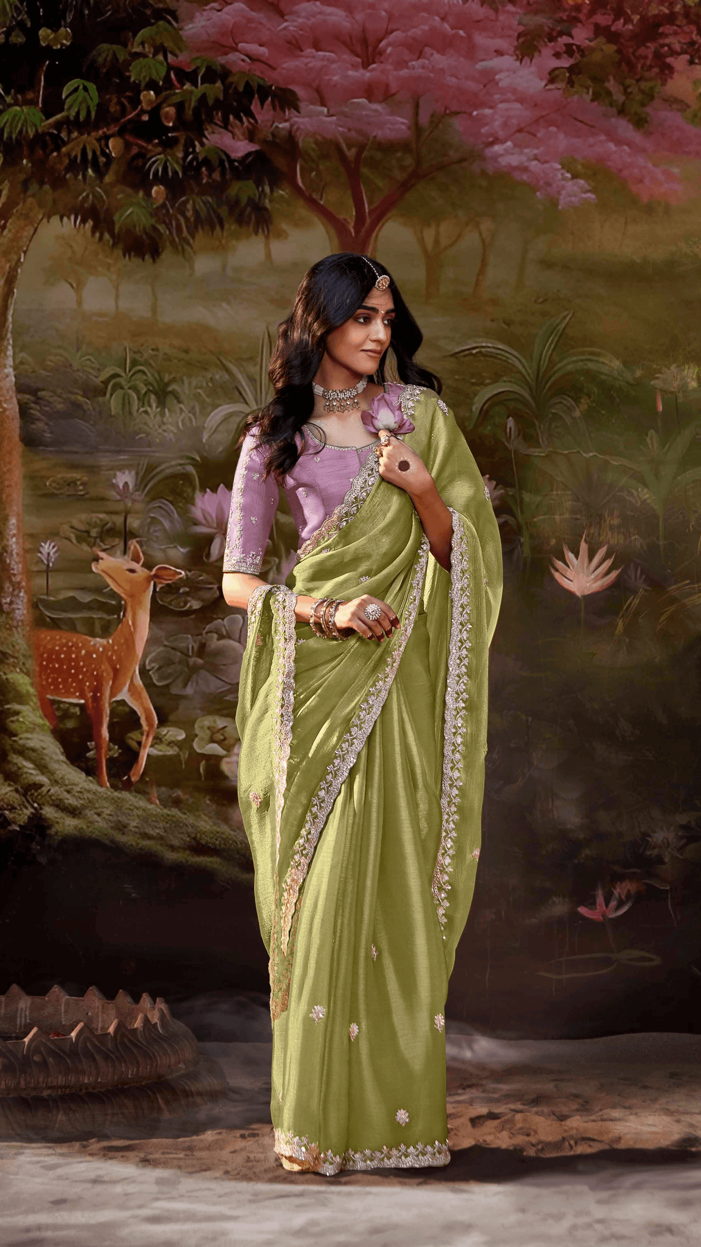 Dhiyona KM Women Light Green Tissue Silk Saree
