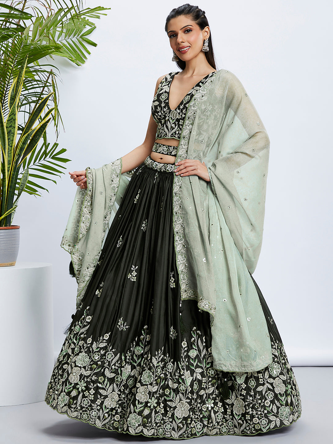 Women Olive Pure Georgette Sequins and thread embroidery Lehenga choli & Dupatta