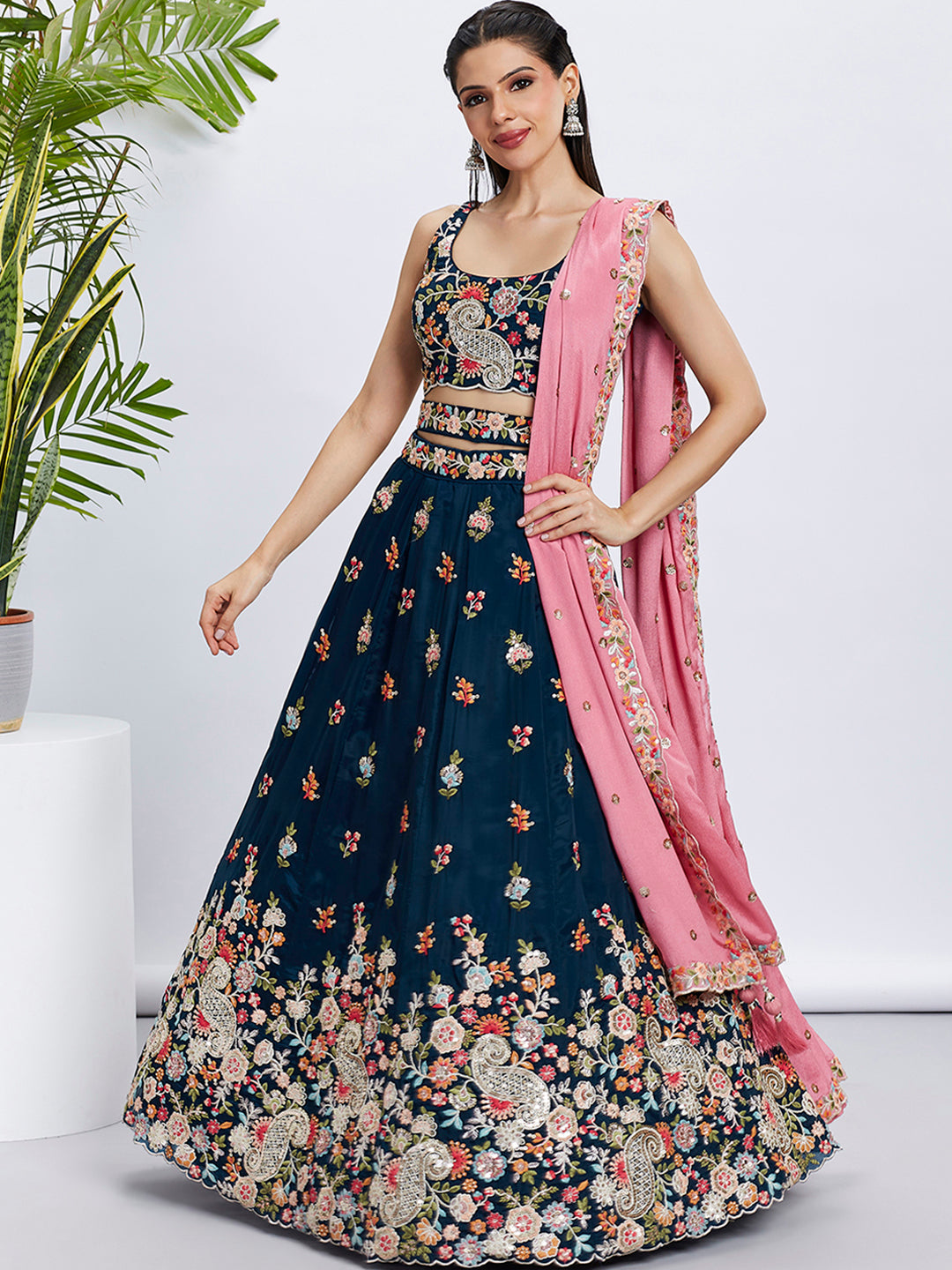 Women Navy blue Organza Sequins and thread embroidery Lehenga choli & Dupatta