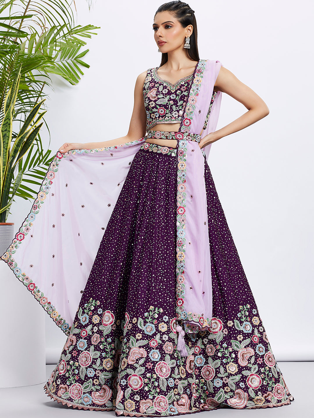 Women Purple Pure Chiffon Sequins and thread embroidery Lehenga choli & Dupatta
