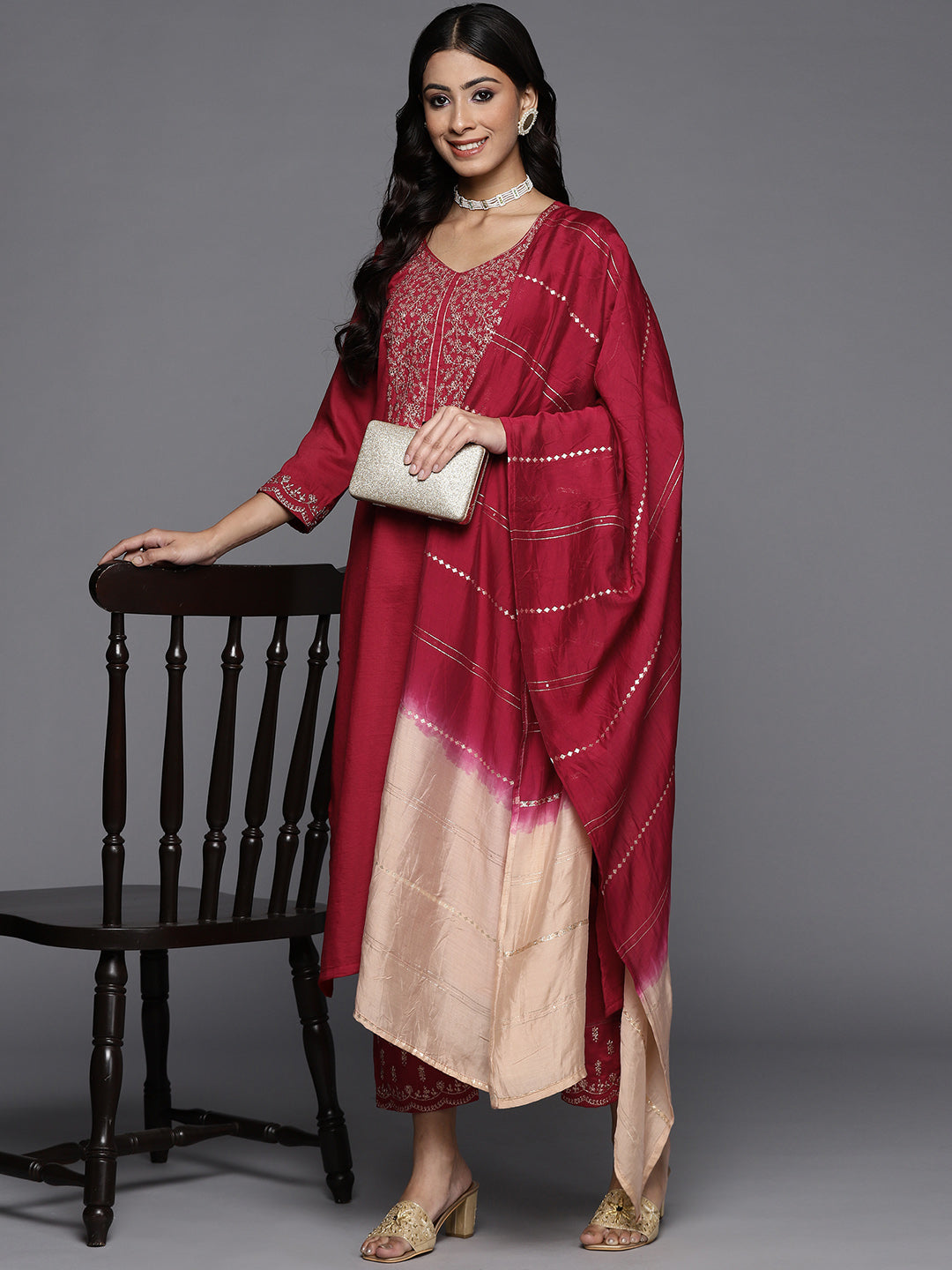 Dhiyona VR Women's Womens Embroidered Kurta Paired With Embroidered Trouser And Ombre Dupatta