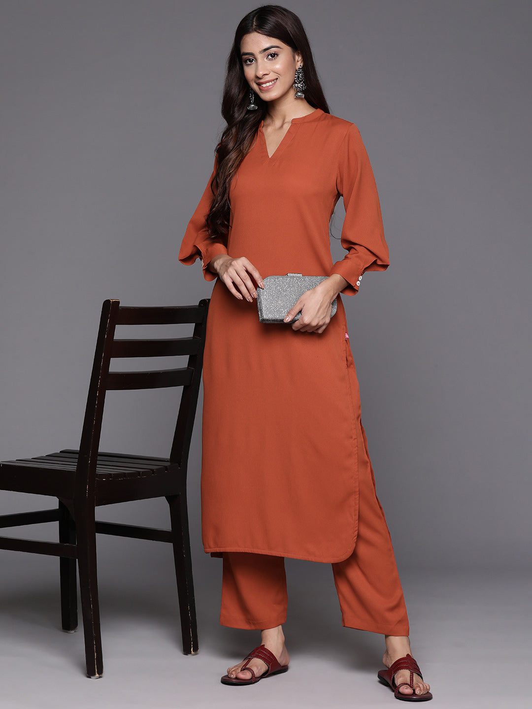 Dhiyona VR Women's Rust Long Sleeves With Smart Cut Cuff, Straight Kurta Paired With Tonal Solid Bottom