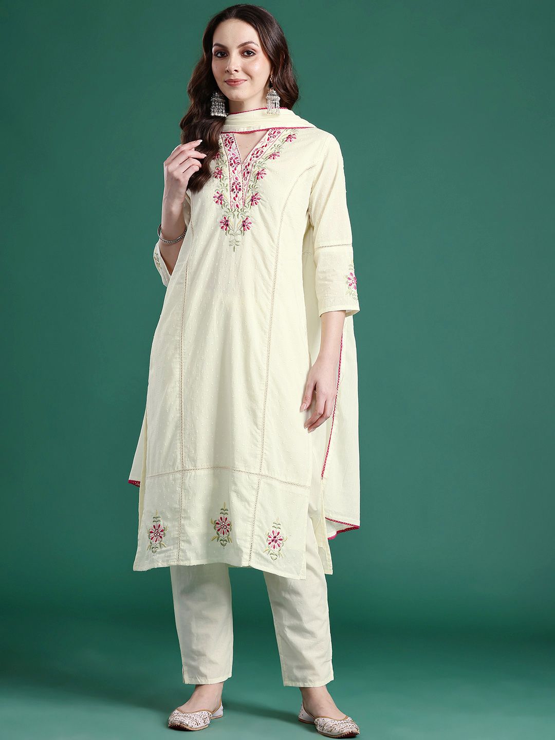 Floral Embroidered Pure Cotton Kurta with Trousers & Dupatta