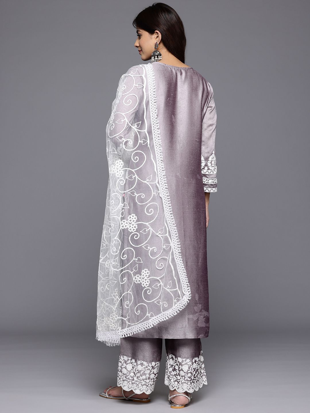 Dhiyona VA Women'sFloral Embroidered Thread Work Kurta With Palazzos & Dupatta
