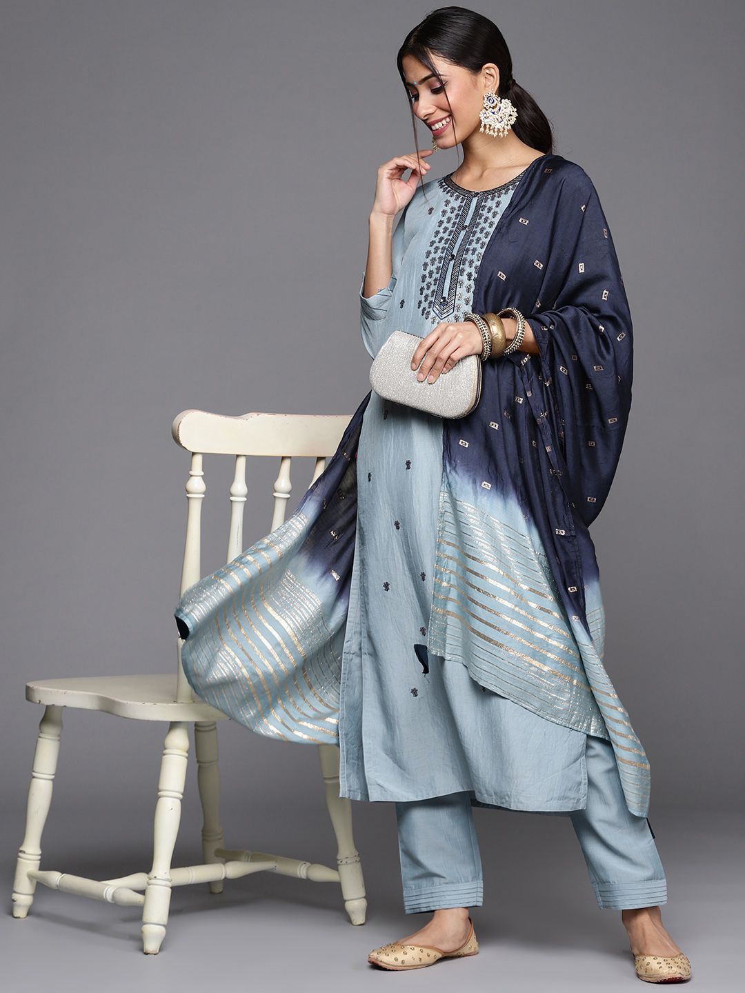 Dhiyona VA Women's Blue & Silver Floral Sequined Straight Kurta Trousers & Ombre Dyed Dupatta