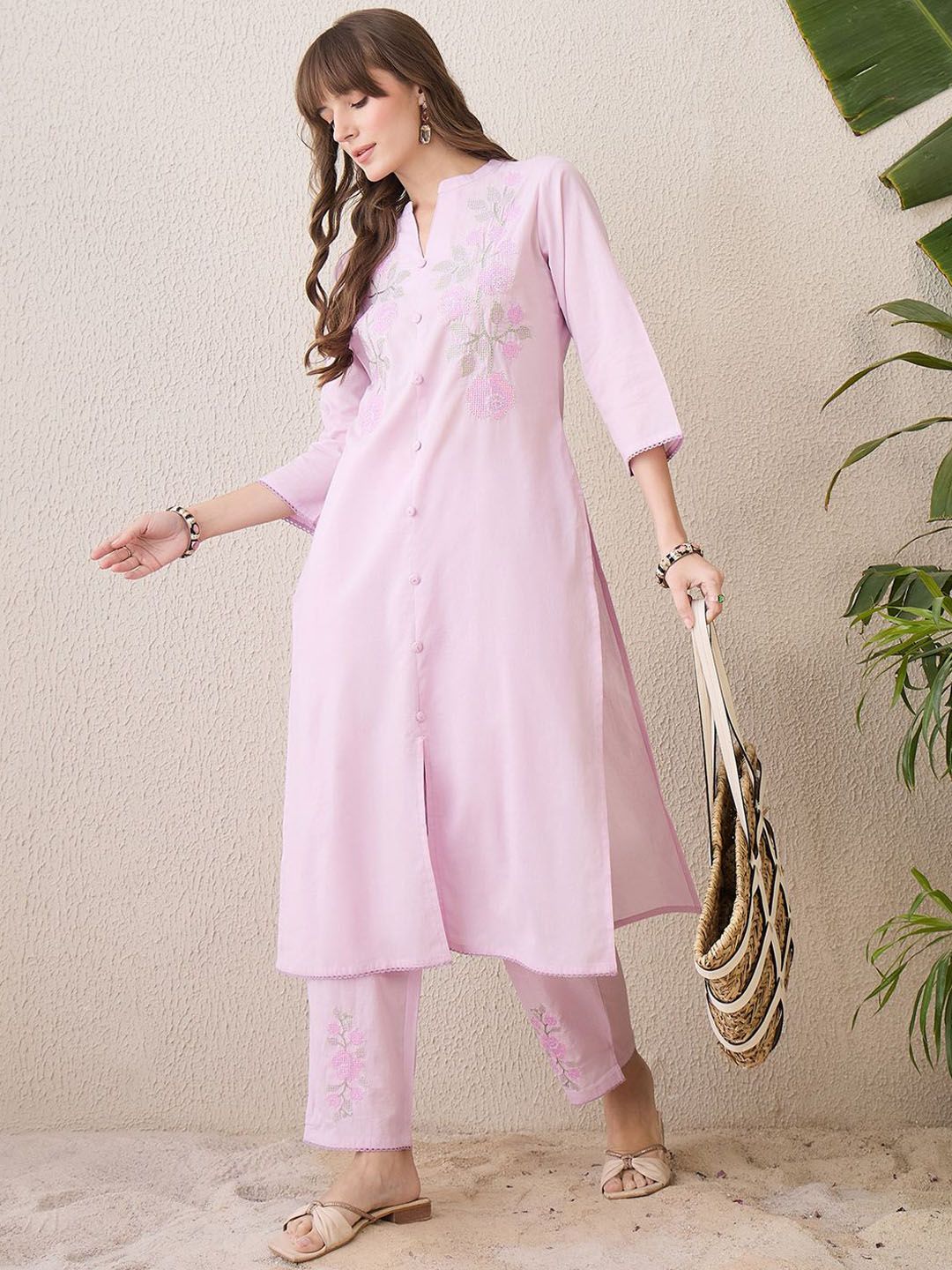 Dhiyona IE Floral Embroidered Mandarin Collar Thread Work Pure Cotton Kurta With Trouser