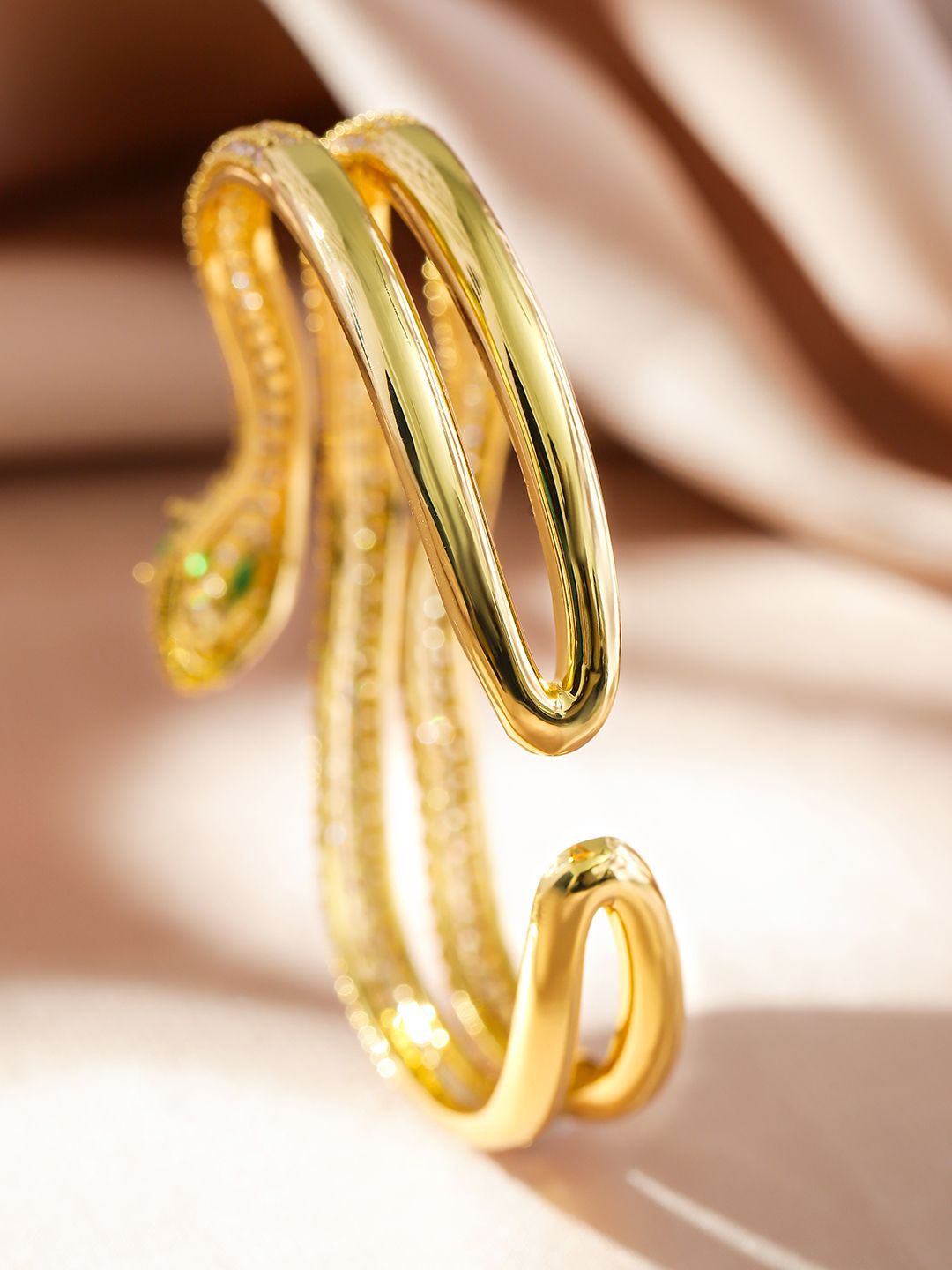 Dhiyona RJ Women's 22K Gold Plated Double Snake Design Emerald and Cubic Zirconia Openable Bracelet
