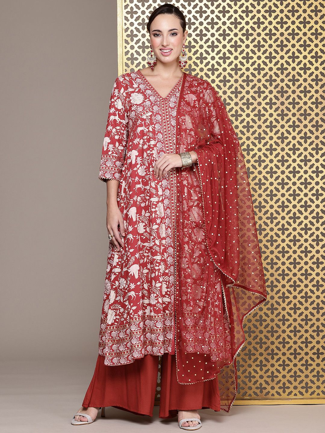Dhiyona PD Women Jashn Ethnic Motifs Foil Printed A-Line Kurta With Palazzos & Dupatta