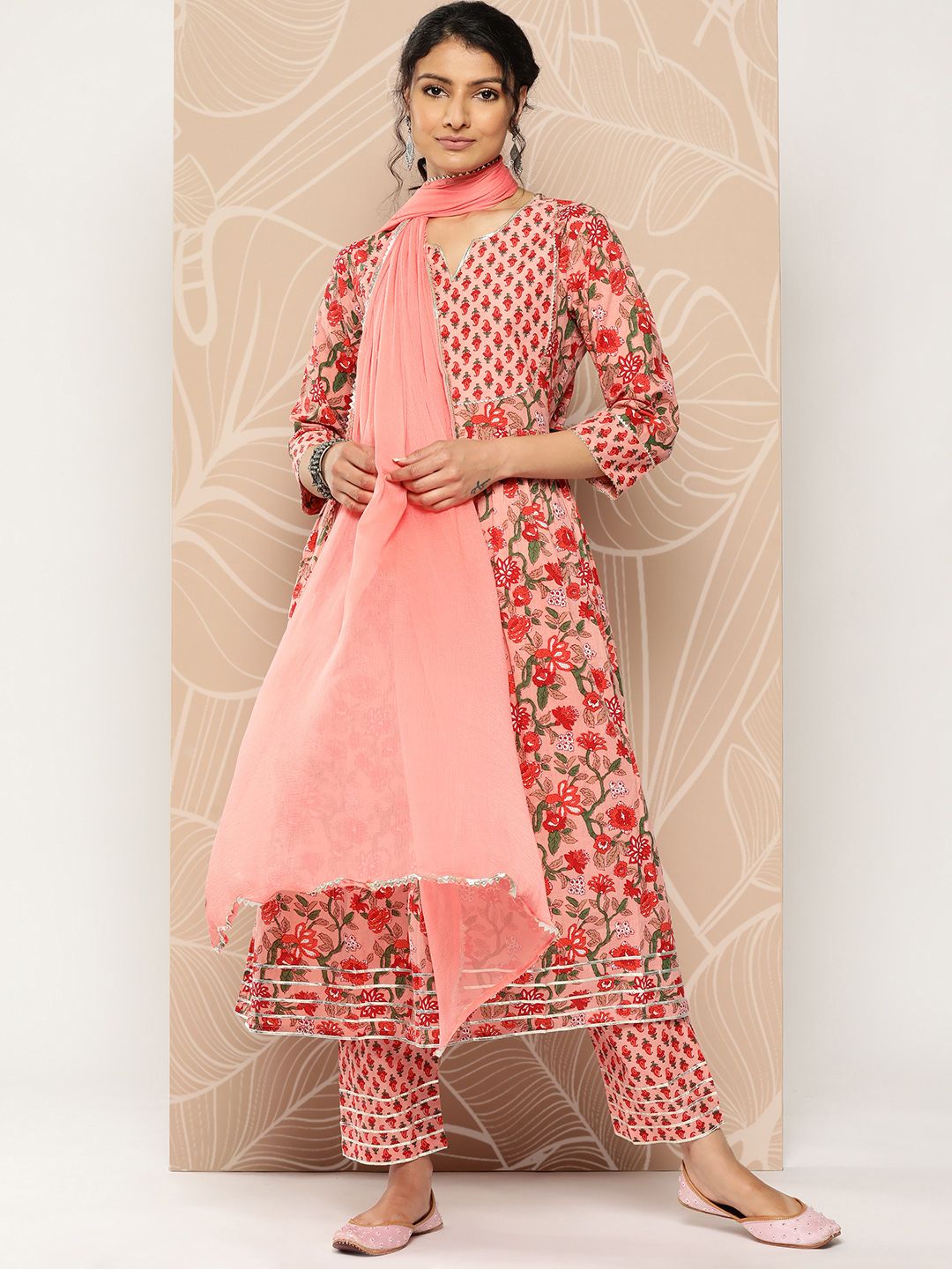 Dhiyona VA Women'sFloral Printed Empire Gotta Patti Pure Cotton Kurta With Trousers & Dupatta