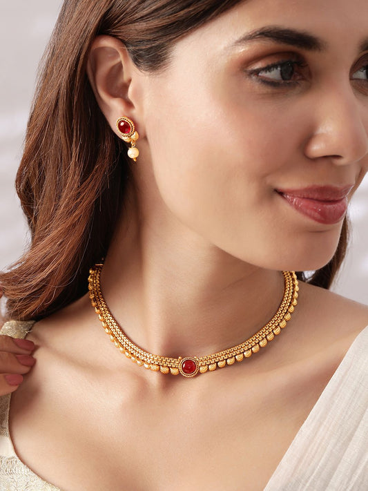 Dhiyona RJ Women's Gold-Plated Ruby Studded & Pearl Drops Handcrafted Jewellery Set