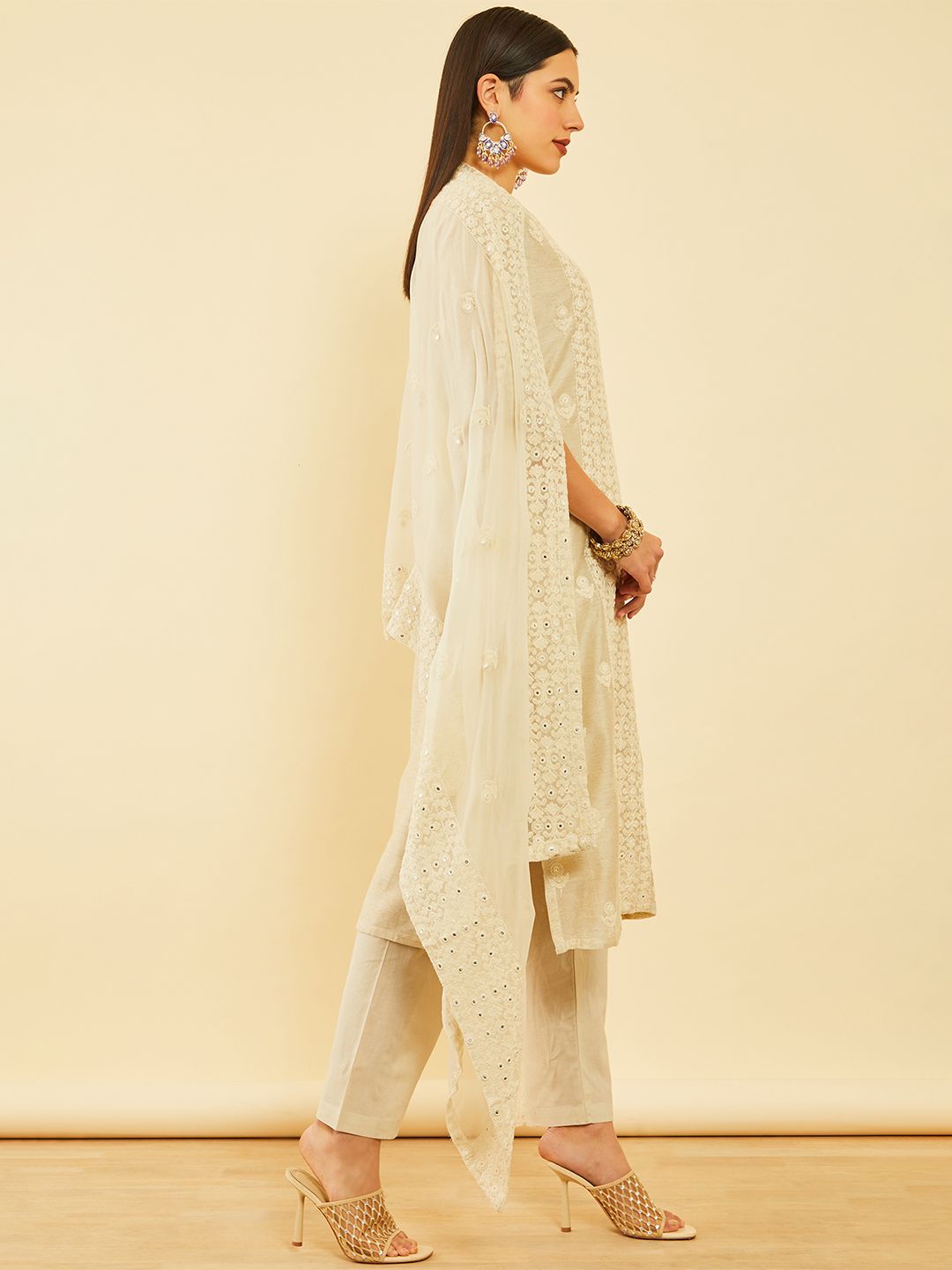 Dhiyona SO Women's Beige Floral Embroidered Chanderi Silk Straight Kurta With Trousers & Dupatta