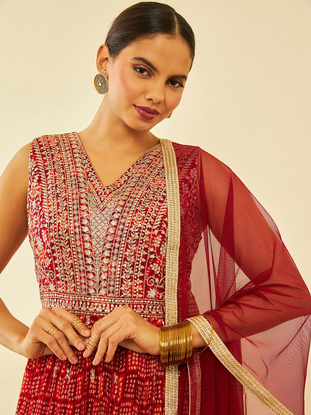 Dhiyona SO Women's Maroon Bandhani Printed Thread Work Georgette Anarkali Kurta & Churidar With dupatta