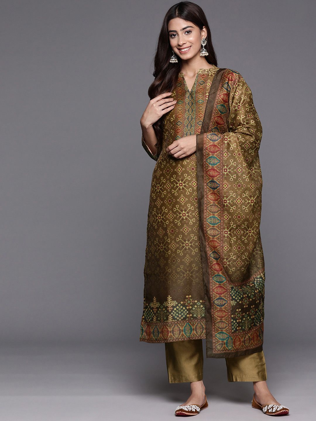 Dhiyona VA Women'sEthnic Motifs Printed Regular Chanderi Silk Kurta with Trousers & Dupatta