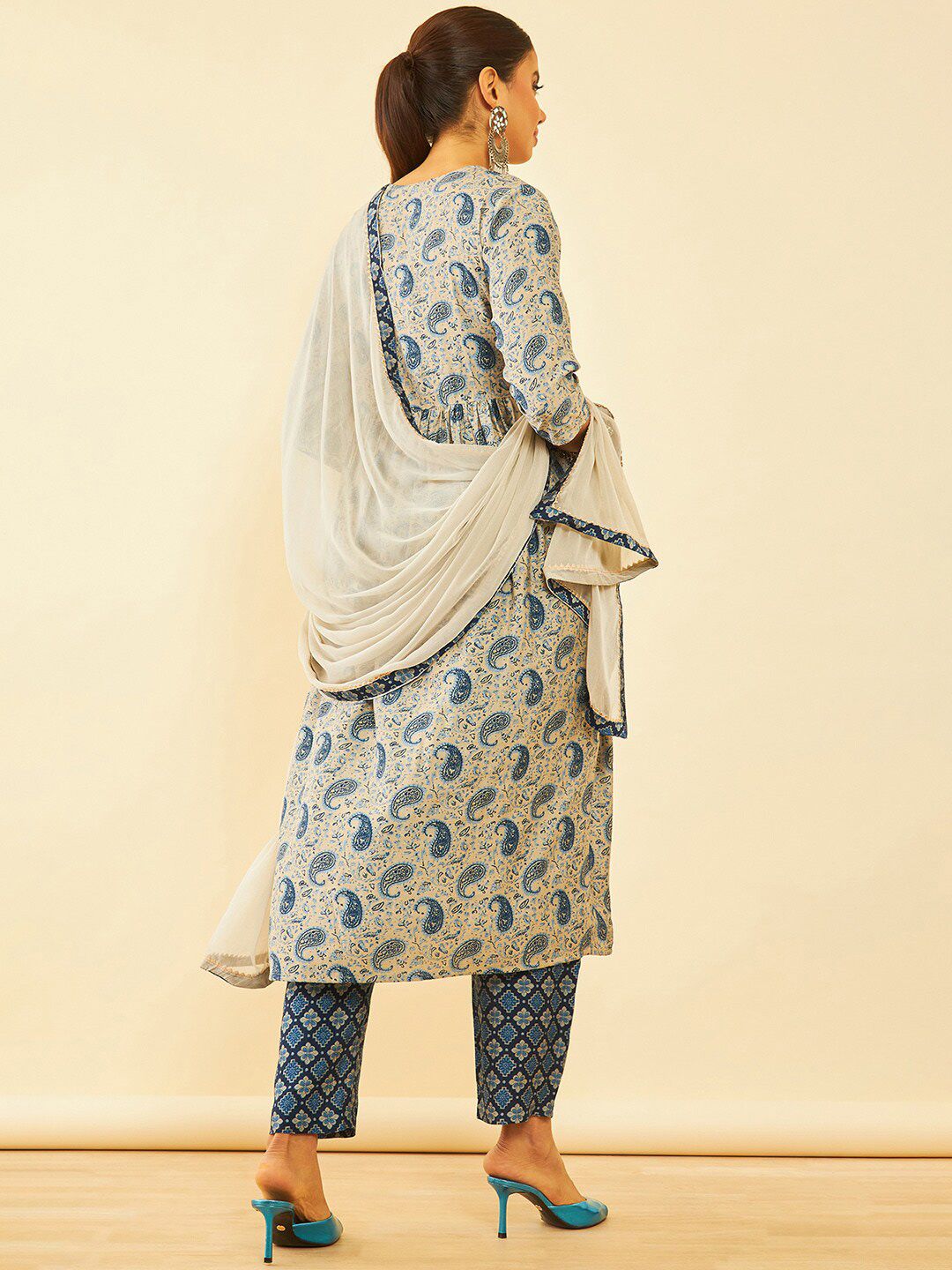 Dhiyona SO Women's Blue Paisley Printed Sequinned A-Line Kurta with Trousers & Dupatta