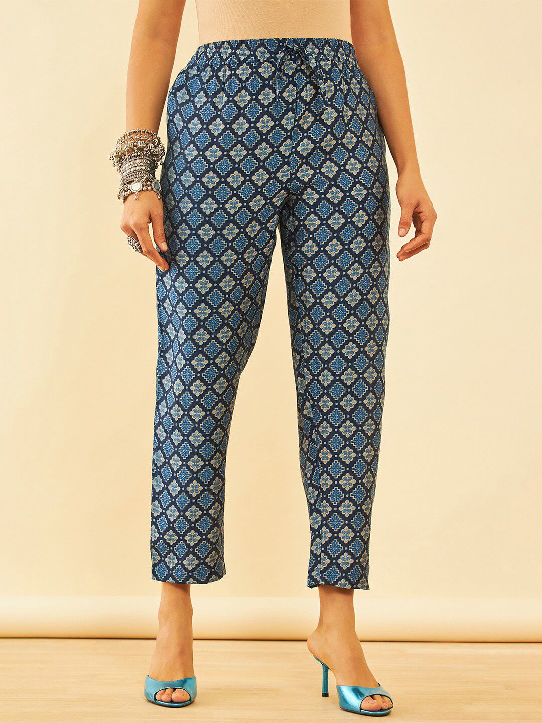 Dhiyona SO Women's Blue Paisley Printed Sequinned A-Line Kurta with Trousers & Dupatta